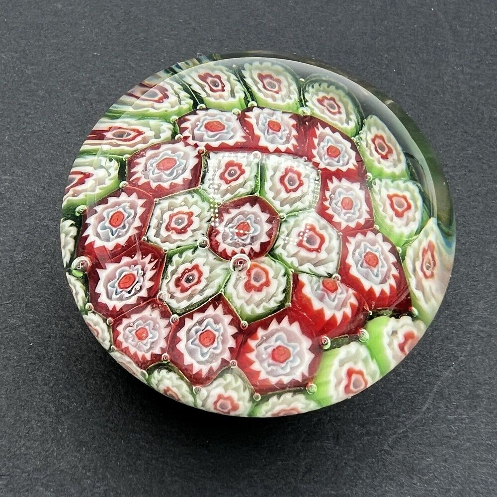 Vtg Millefiori Art Glass Paperweight Small Globe 2" Red Green White Flowers